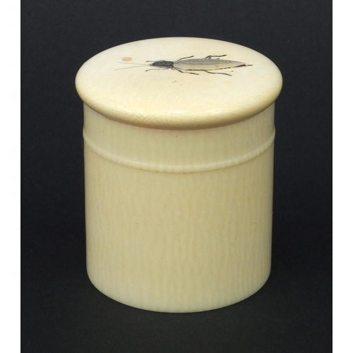 598 - Oriental Japense ivory Shibayama pot and cover with inlaid mother of pearl insect, 5.5cm high