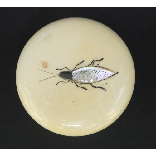 598 - Oriental Japense ivory Shibayama pot and cover with inlaid mother of pearl insect, 5.5cm high