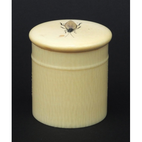 598 - Oriental Japense ivory Shibayama pot and cover with inlaid mother of pearl insect, 5.5cm high