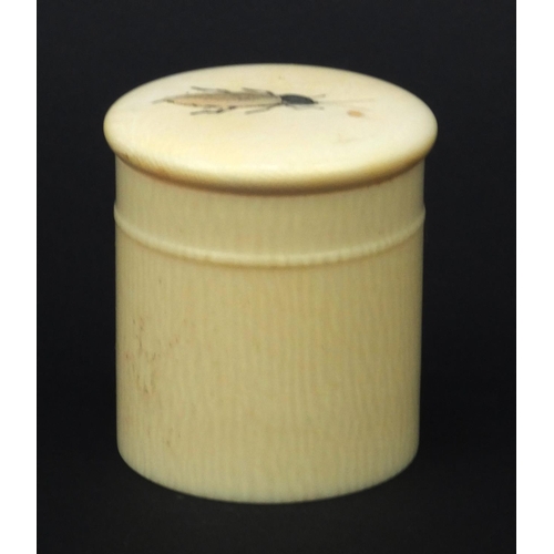 598 - Oriental Japense ivory Shibayama pot and cover with inlaid mother of pearl insect, 5.5cm high