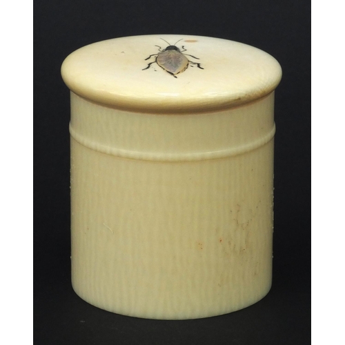 598 - Oriental Japense ivory Shibayama pot and cover with inlaid mother of pearl insect, 5.5cm high