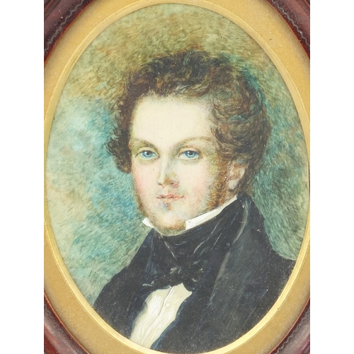 10 - Oval watercolour portrait miniature of a gentleman housed in a mahogany frame, overall 20cm x 15cm