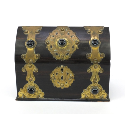 20 - Victorian coromandel brass bound stationery box with cabochon hardstone roundels, 24cm wide