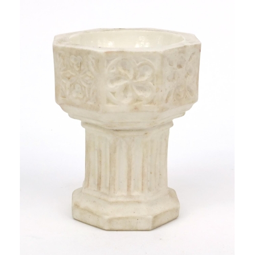 3 - 19th Century religious porcelain travelling font, housed in a leather case, the font 9cm high