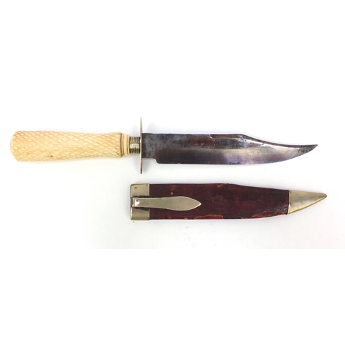 57 - Sheffield clip-point Bowie knife with ivory handle and leather sheath, the blade stamped 'Viva La Li... 