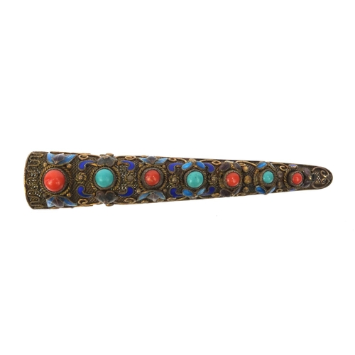 632 - Oriental Chinese silver gilt and enamel claw shaped brooch set with turquoise and coral stones, 9cm ... 