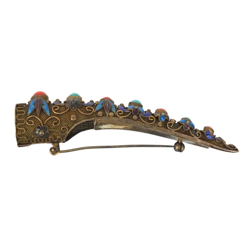 632 - Oriental Chinese silver gilt and enamel claw shaped brooch set with turquoise and coral stones, 9cm ... 