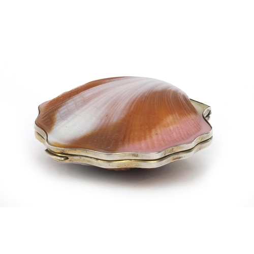 111 - Russian silver gilt shell shaped compact with mirrored interior, 8cm x 7cm