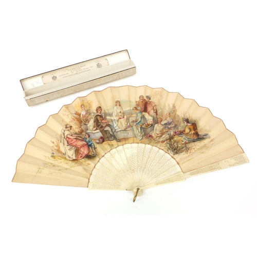 103 - Lady's silk fan decorated with hand painted lovers' scene housed in a J. Duvelleroy London, 167 Rege... 