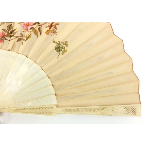 103 - Lady's silk fan decorated with hand painted lovers' scene housed in a J. Duvelleroy London, 167 Rege... 