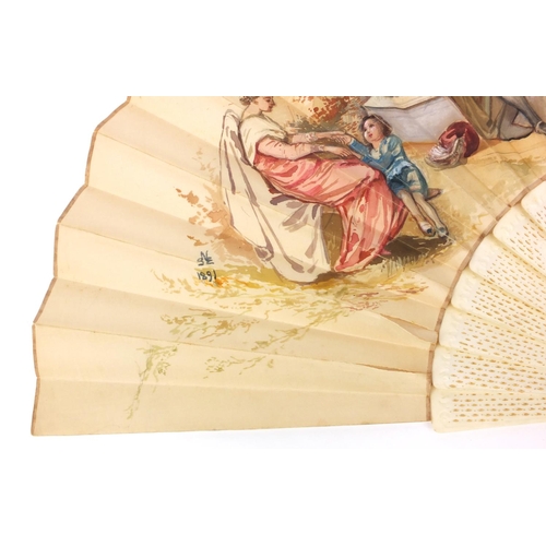 103 - Lady's silk fan decorated with hand painted lovers' scene housed in a J. Duvelleroy London, 167 Rege... 