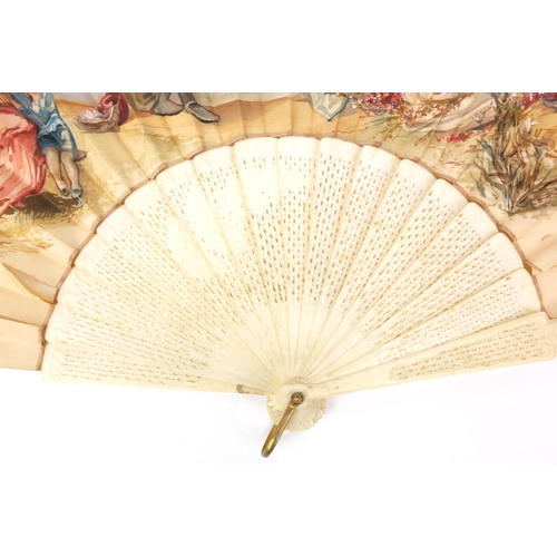 103 - Lady's silk fan decorated with hand painted lovers' scene housed in a J. Duvelleroy London, 167 Rege... 