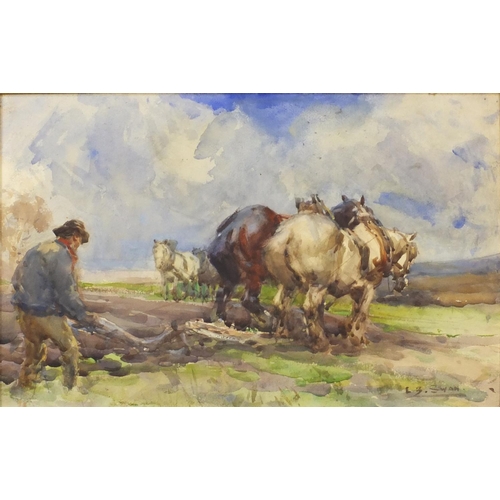 1283 - L.B. Swan - Watercolour of horses ploughing in a field, mounted in a gilt frame, 37cms x 27cms exclu... 