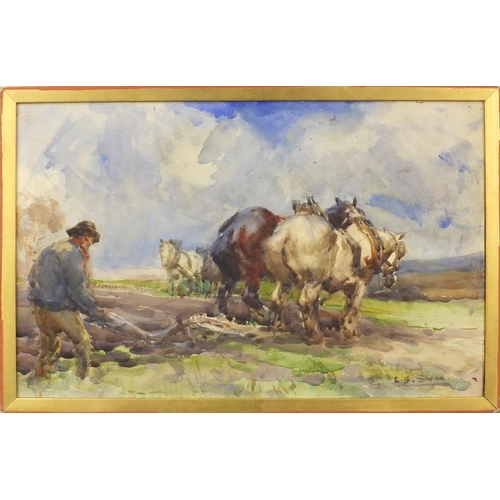 1283 - L.B. Swan - Watercolour of horses ploughing in a field, mounted in a gilt frame, 37cms x 27cms exclu... 