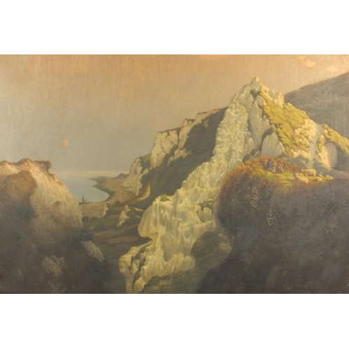 1323 - Victorian oil onto canvas Moonlight at the Sugar Loaf cliffs Eastbourne Sussex, mounted in a gilt fr... 