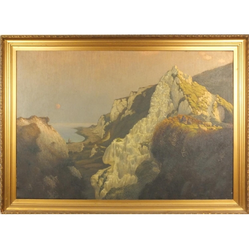 1323 - Victorian oil onto canvas Moonlight at the Sugar Loaf cliffs Eastbourne Sussex, mounted in a gilt fr... 