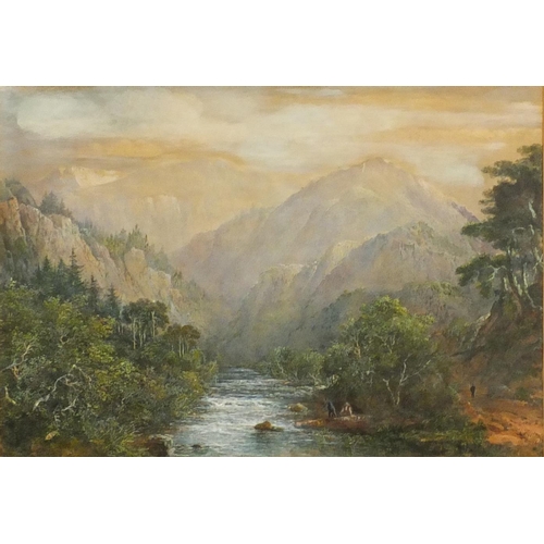 1319 - Charles N. Woolnoth - Watercolour of mountains, stream and figures, mounted and framed, 58cm x 40cm ... 