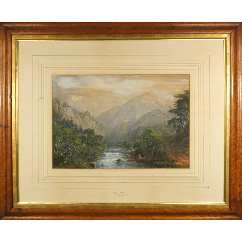 1319 - Charles N. Woolnoth - Watercolour of mountains, stream and figures, mounted and framed, 58cm x 40cm ... 