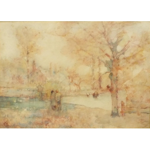 1311 - EB - Watercolour of Impressionist pond, figures and houses, mounted and framed, 35cm x 24cm excludin... 