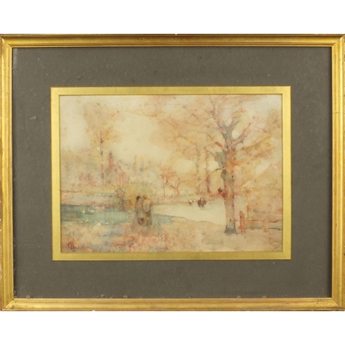 1311 - EB - Watercolour of Impressionist pond, figures and houses, mounted and framed, 35cm x 24cm excludin... 