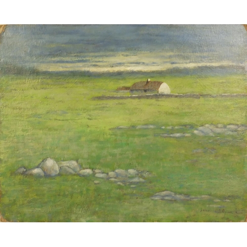 1269 - Unframed oil onto board of a landscape view with a cottage in the distance, bearing a signature Sean... 