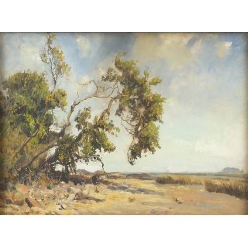 1333 - Frank Lemanual - Oil onto panel of trees by a coastline, gilt framed, inscription to the reverse, 34... 