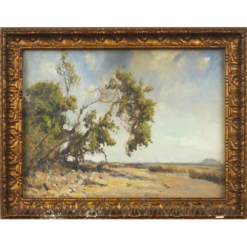 1333 - Frank Lemanual - Oil onto panel of trees by a coastline, gilt framed, inscription to the reverse, 34... 