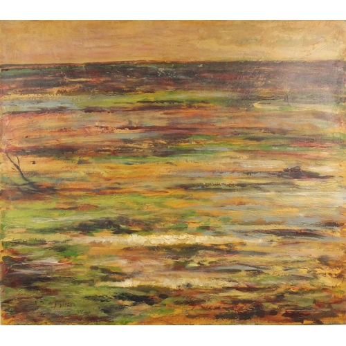 1277 - Unframed oil onto canvas abstract composition of a coastal scene, bearing an indistinct signature D.... 