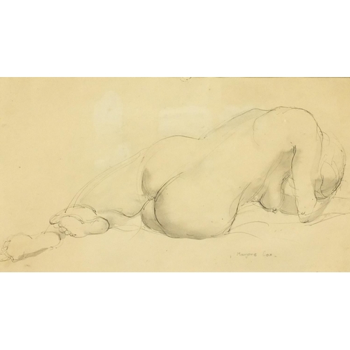 1274 - Marjorie Cox - Ink sketch of a reclining nude female, signed, mounted and framed, 30cm x 16cm exclud... 