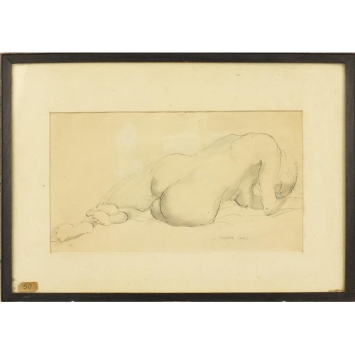 1274 - Marjorie Cox - Ink sketch of a reclining nude female, signed, mounted and framed, 30cm x 16cm exclud... 