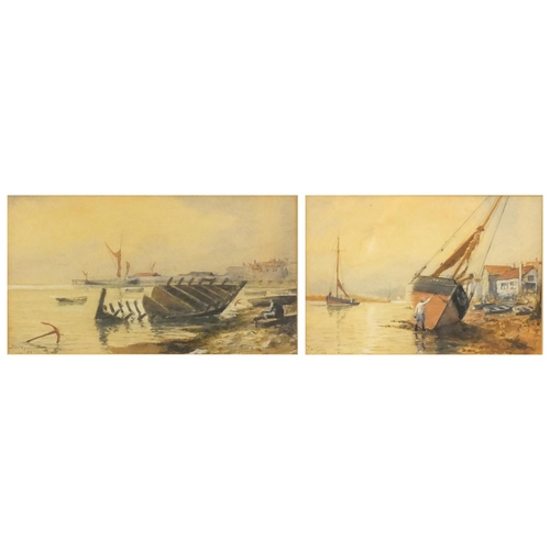 1271 - J.W. Eylon 96 ? - Pair of watercolour views, moored boat and shipwreck on beach, both mounted and fr... 