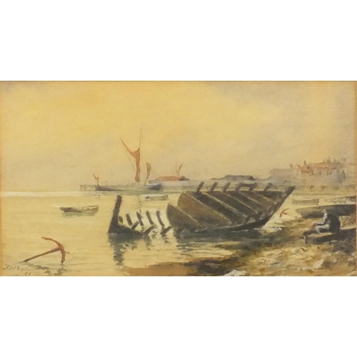 1271 - J.W. Eylon 96 ? - Pair of watercolour views, moored boat and shipwreck on beach, both mounted and fr... 