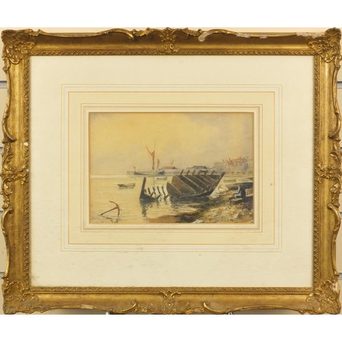 1271 - J.W. Eylon 96 ? - Pair of watercolour views, moored boat and shipwreck on beach, both mounted and fr... 