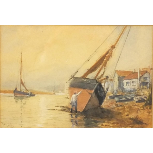 1271 - J.W. Eylon 96 ? - Pair of watercolour views, moored boat and shipwreck on beach, both mounted and fr... 