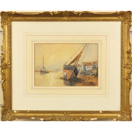 1271 - J.W. Eylon 96 ? - Pair of watercolour views, moored boat and shipwreck on beach, both mounted and fr... 