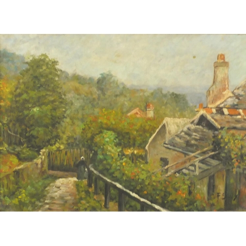 1273 - Oil onto board view of a lady walking over a bridge before a house, signed F. Saux, ornately gilt fr... 