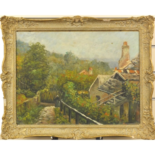 1273 - Oil onto board view of a lady walking over a bridge before a house, signed F. Saux, ornately gilt fr... 