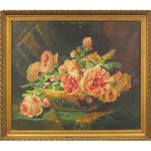 1303 - Unsigned oil onto board view of still life flowers in a vase, label to the reverse 'F.L. Pettman, Lt... 