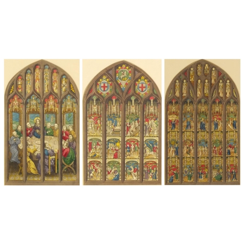 1301 - Three coloured print's of stained glass windows including figures on horseback, each mounted and gil... 