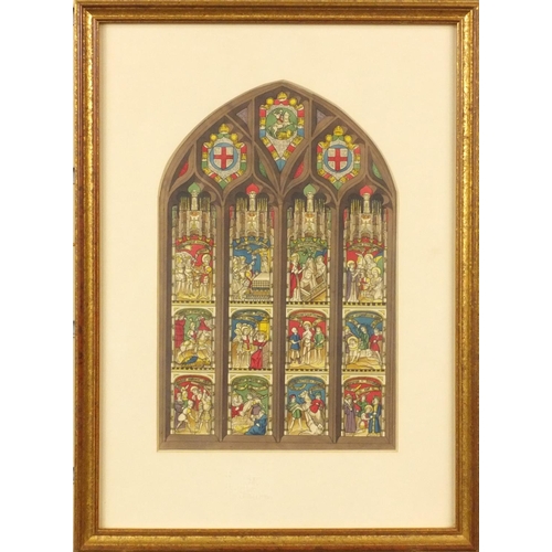 1301 - Three coloured print's of stained glass windows including figures on horseback, each mounted and gil... 