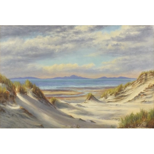 1278 - Frederick Robertson - Oil onto canvas view of a sandy coastline before mountains, mounted and ornate... 