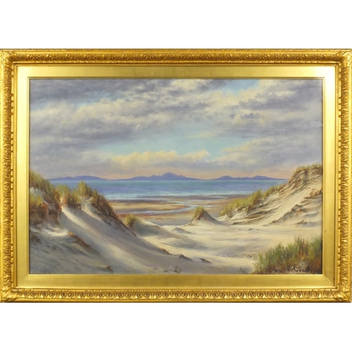 1278 - Frederick Robertson - Oil onto canvas view of a sandy coastline before mountains, mounted and ornate... 