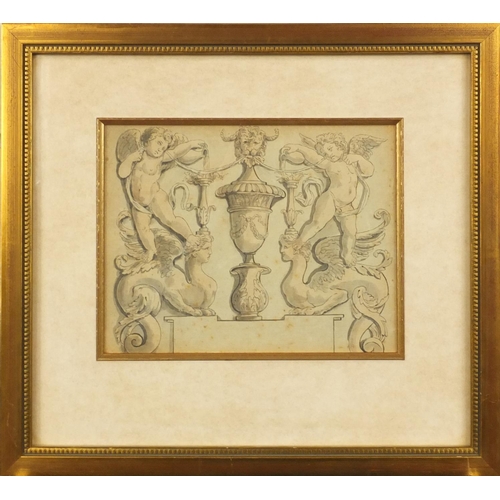 1332 - Ink drawing, of putti pouring water, possibly a furniture design, mounted and gilt framed, 20cm x 16... 