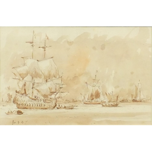 1305 - Van der Velde - Watercolour and ink onto paper  marine scene of boats at sea, signed, label to the r... 