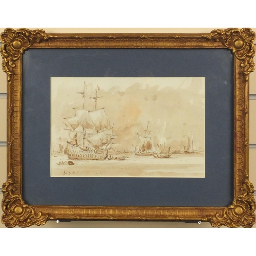 1305 - Van der Velde - Watercolour and ink onto paper  marine scene of boats at sea, signed, label to the r... 