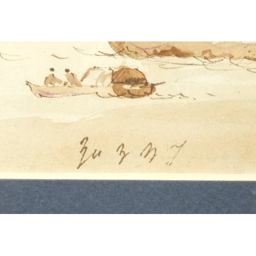 1305 - Van der Velde - Watercolour and ink onto paper  marine scene of boats at sea, signed, label to the r... 