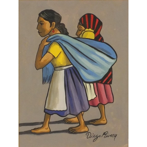 1299 - Gouache onto paper of two ladies walking along a road, bearing a signature Diego Rivera, mounted and... 