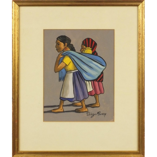 1299 - Gouache onto paper of two ladies walking along a road, bearing a signature Diego Rivera, mounted and... 