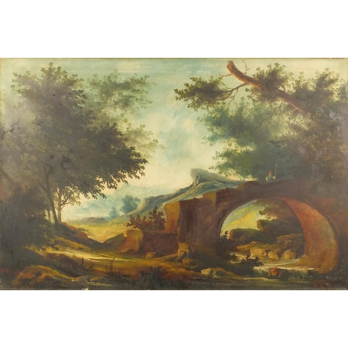 1296 - Oil onto canvas view of a figure on a bridge before a landscape setting, bearing a signature Deuod?,... 