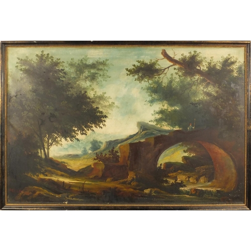 1296 - Oil onto canvas view of a figure on a bridge before a landscape setting, bearing a signature Deuod?,... 